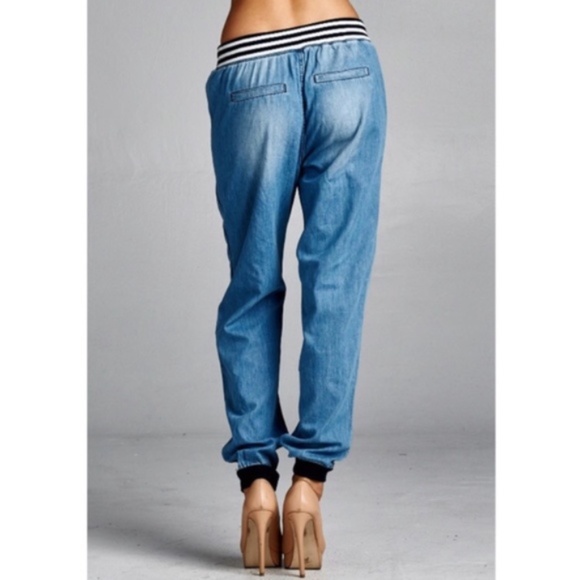 Boho Medium Wash Striped Waist Lounge Jogger Pants - Picture 2 of 2